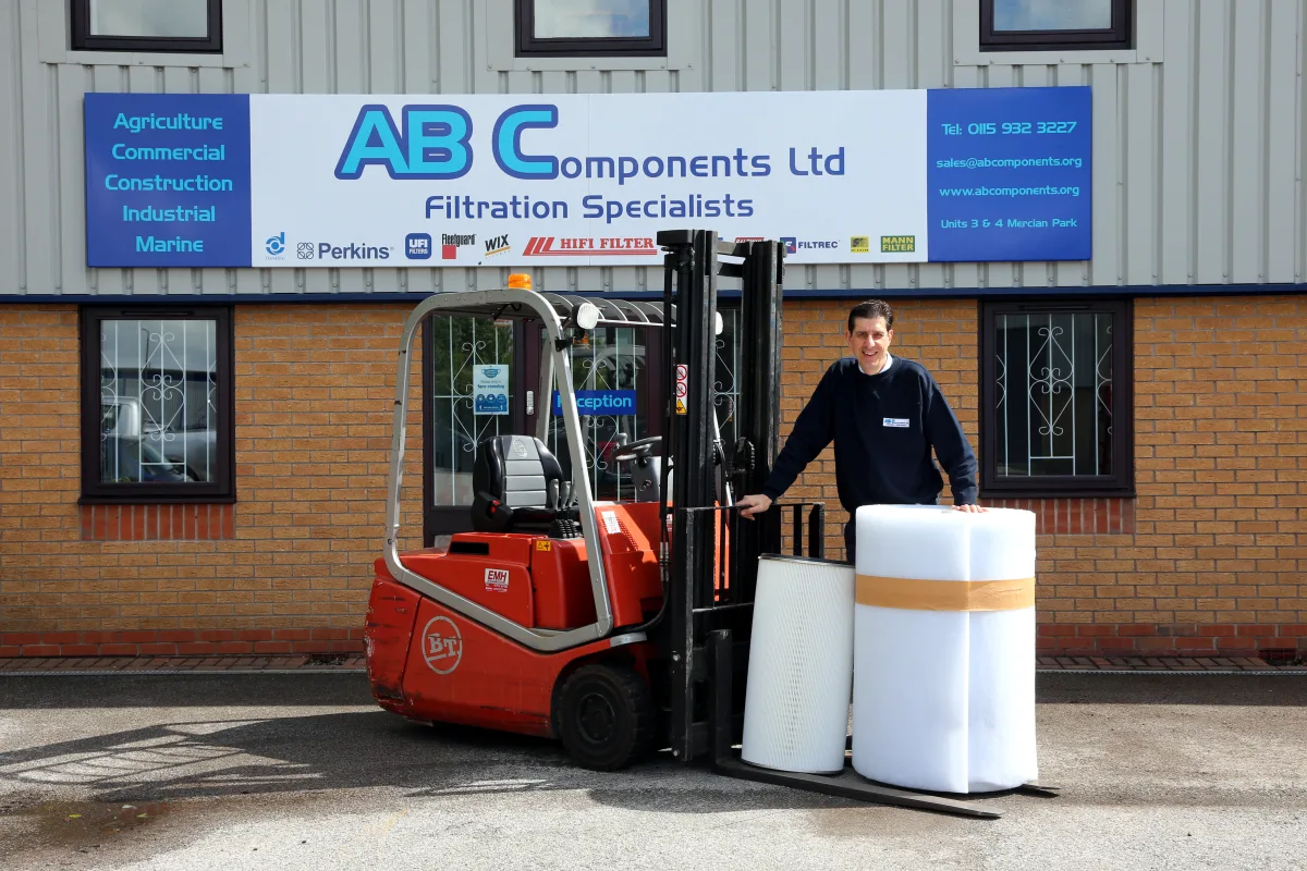 Filter stock being moved by forklift outside the AB Components premises at Mercian Park, Ilkeston