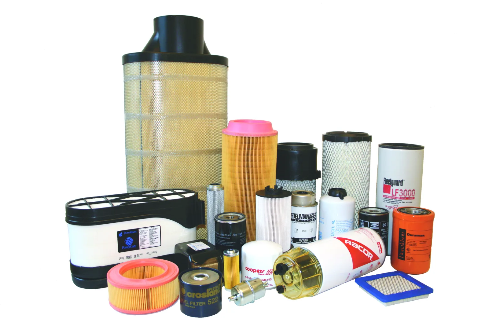 Filters from several manufacturers side by side, of the kind cross-referenced to a Donaldson equivalent